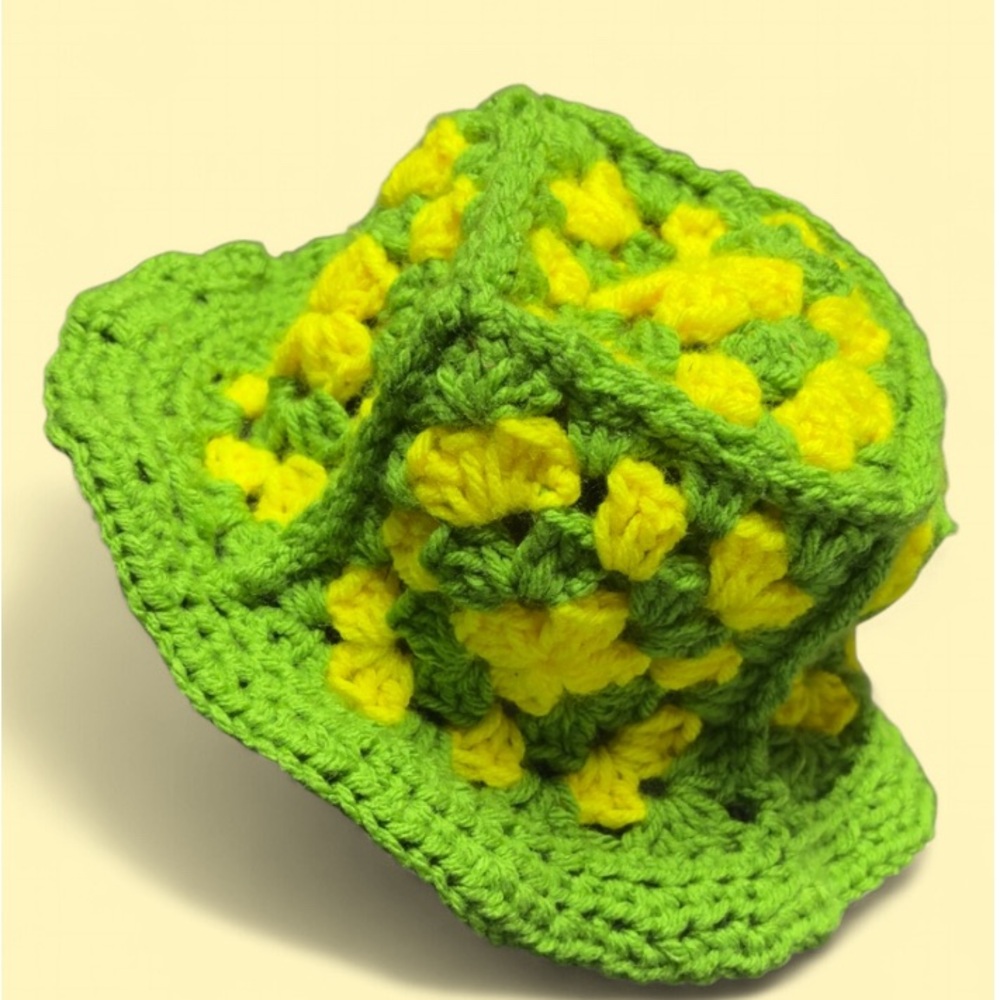 Hand made yellow & green crochet bucket hat